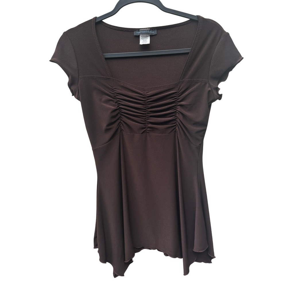Vintage Y2K Brown Ruched Top Handkerchief Hem Blouse Women Small